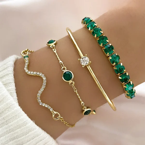 Green Gemstone Snake Bangle Set – 4Pcs Stylish Bracelets