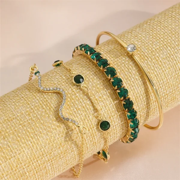 Green Gemstone Snake Bangle Set – 4Pcs Stylish Bracelets - Image 4