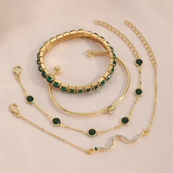 Green Gemstone Snake Bangle Set – 4Pcs Stylish Bracelets - Image 3