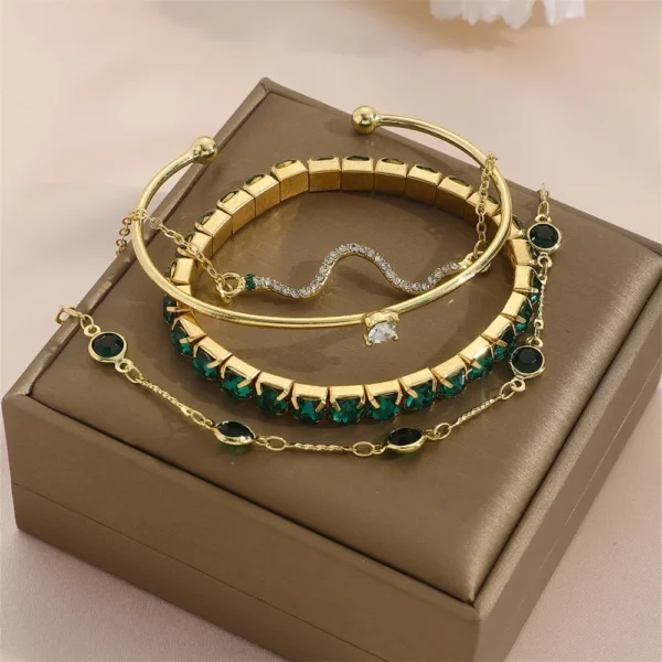 Green Gemstone Snake Bangle Set – 4Pcs Stylish Bracelets - Image 5